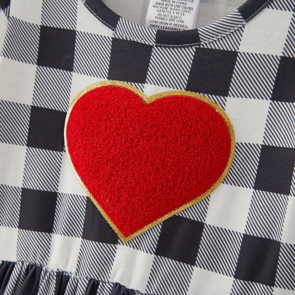 Plaid Long Sleeve Dress with Heart and Ruffle Details